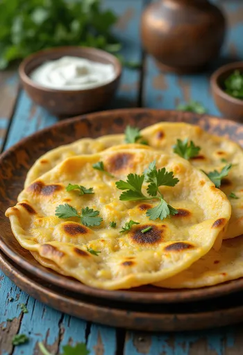 Paneer Thepla z bezlepkového cesta, podávaná s čerstvými bylinkami a jogurtom