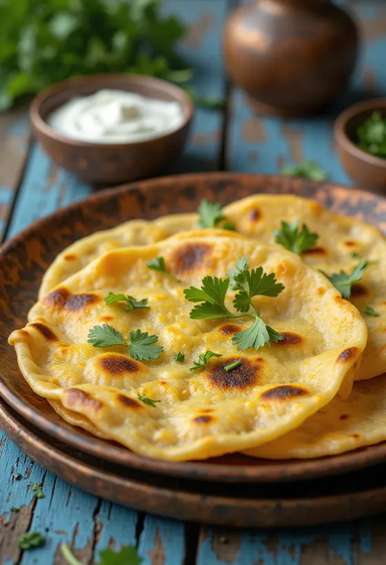 Paneer Thepla z bezlepkového cesta, podávaná s čerstvými bylinkami a jogurtom