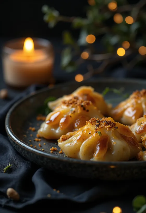 Tekvicové gyoza so zlatohnedou spodnou stranou, pareným cestom, servírované so sójovou omáčkou