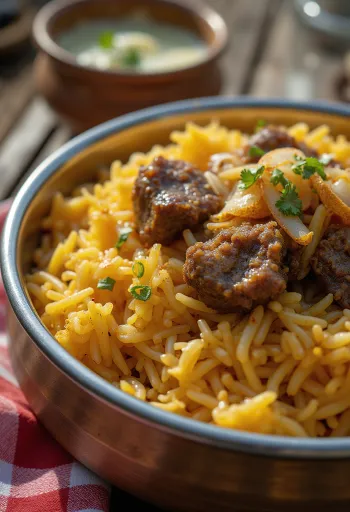 Biryani s kozím mäsom podávané v hrnci