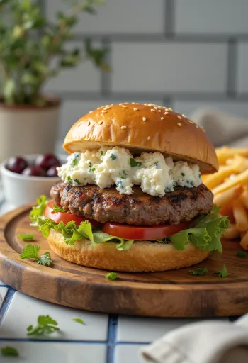 Čerstvo pripravený grécky burger s fetou a tzatziki