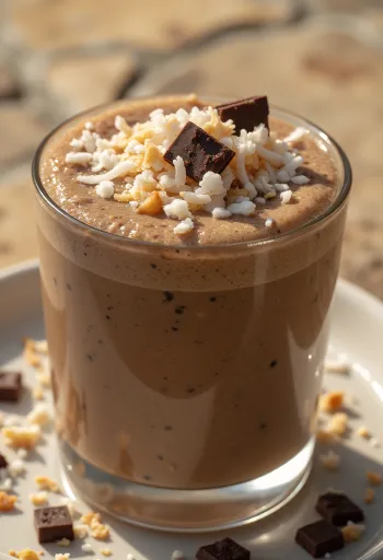 Kávovo-kokosové smoothie posypané kokosom a čokoládou