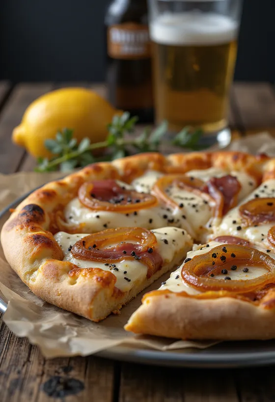 Pizza Alsacienne s kyslou smotanou, cibuľou a slaninou