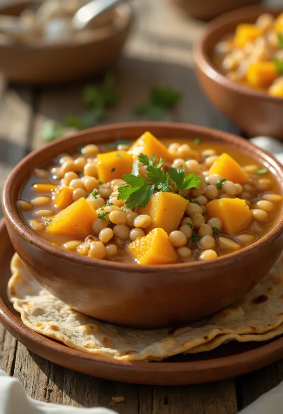 Pozole con calabaza podávané s limetkou, koriandrom a čerstvou jarnou cibuľkou