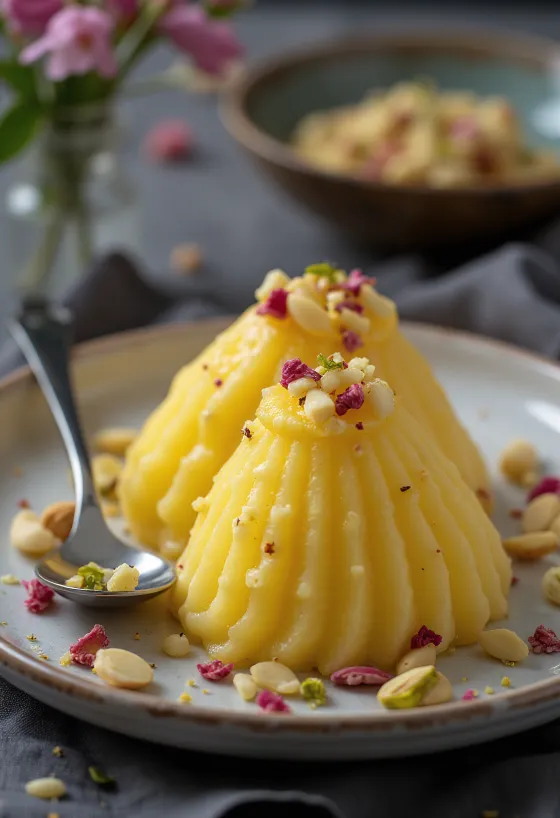 Šafranové kulfi podávané, bohatá krémová konzistencia a ozdobené lupeňmi ruží