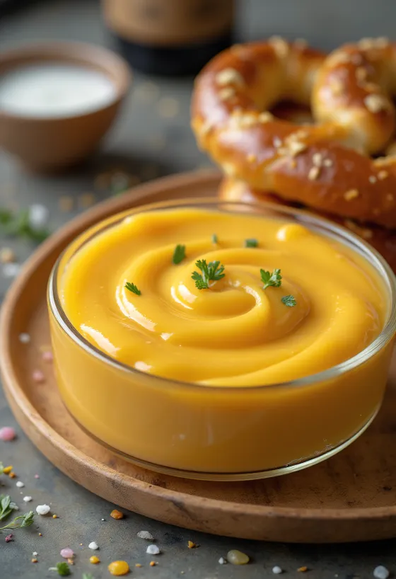 Pivná syrová omáčka s čedarom v miske, ozdobená čerstvou petržlenovou vňaťou, vedľa nachos.