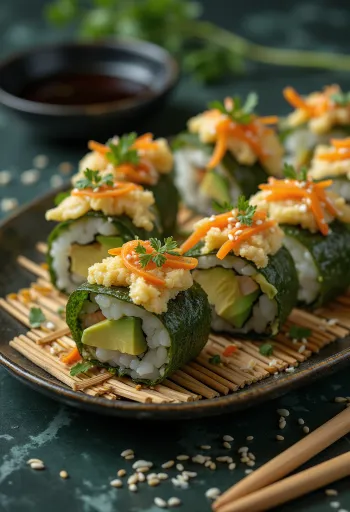 Avokádový gimbap, kórejské jedlo, servírované so sezamovými semienkami