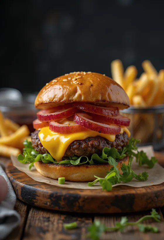 Bizóní burger s roztopeným syrom a čerstvou zeleninou