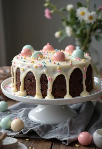 Čokoládová bodkovaná torta zdobená bielym krémom a jedlými bodkami