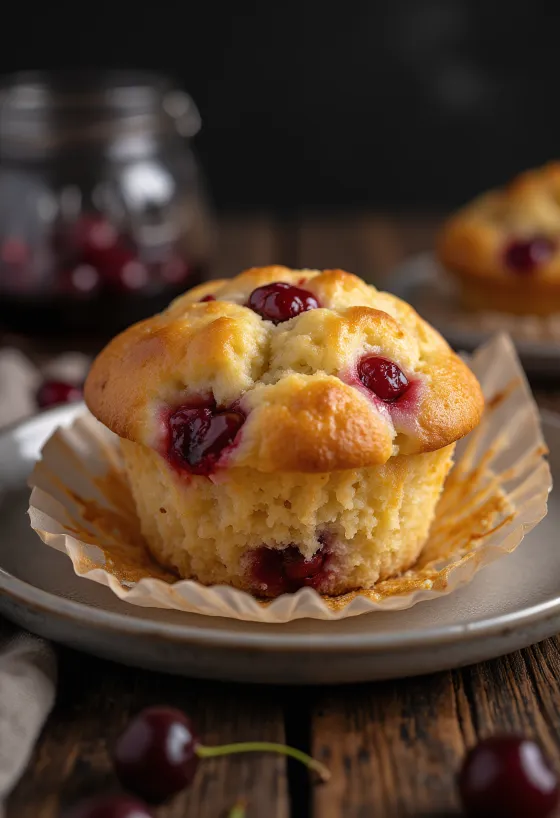 Čerstvé višňové muffiny upečené do zlatista, posypané práškovým cukrom