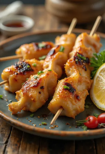 Nankotsu yakitori kuracia chrupavka na paličke, podávaná so sezamovými semienkami a čerstvou zelenou cibuľkou