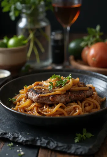 Bistec Encebollado s ryžou a fazuľou
