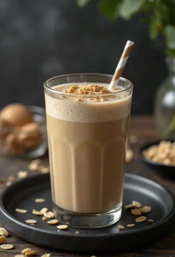 Kávové smoothie podávané vo vysokom pohári, zdobené plátkami banánu