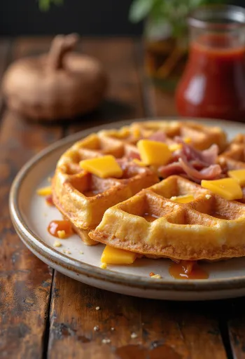 Šunkovo-syrové gofry servírované na tanieri