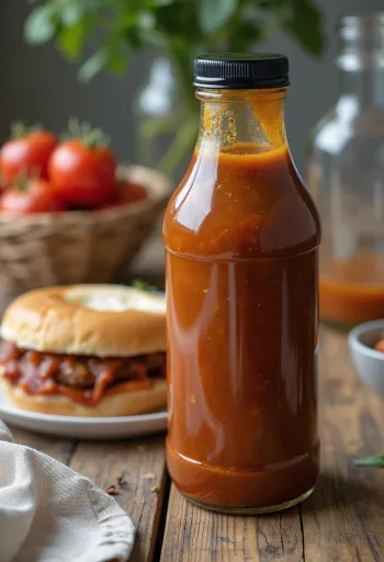 Pivná paradajková barbecue omáčka v miske, vedľa grilovaného mäsa.