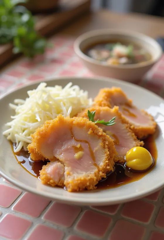 Tonkatsu miska s horčicou, vyprážaným mäsom a čerstvým šalátom
