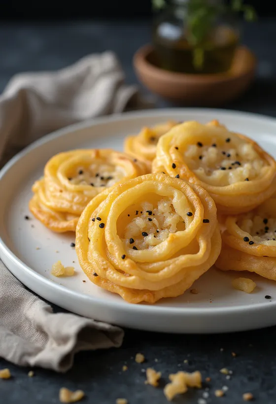 Čerstvo upečené kokosové sušienky Achappam zlatej farby, naaranžované v mise.