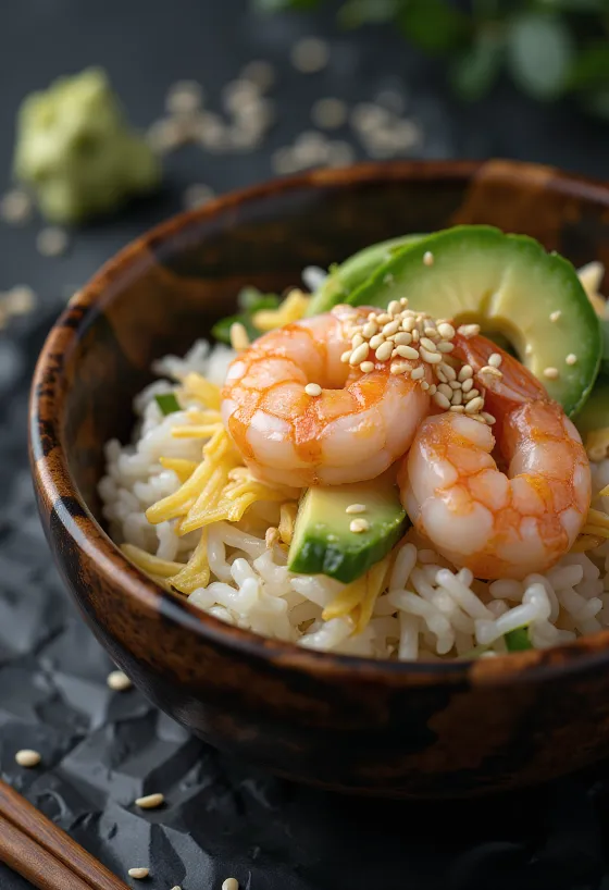 Chirashi s krevetami, sushi ryža, avokádo a sezam