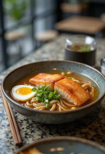 Miska ramenu s pečeným lososom, rezancami a prílohami