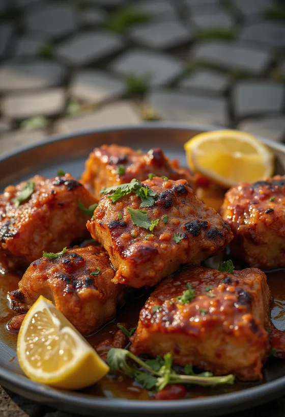 Tandoori kozľacina podávaná s chlebom naan a čerstvým koriandrom.