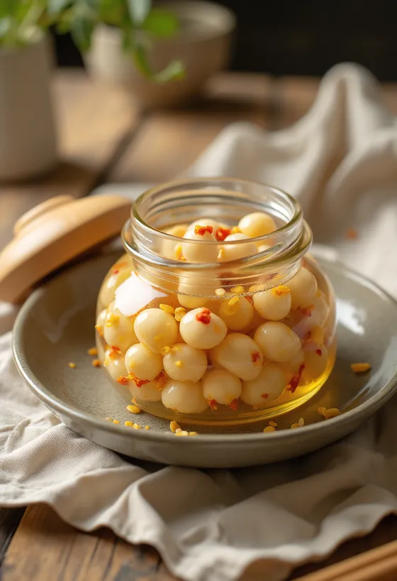 Pikantné nakladané lotosové semená servírované