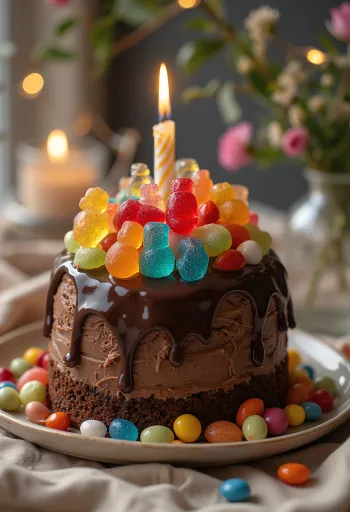 Čokoládová torta s cukríkmi zdobená farebnými cukríkmi a perlami