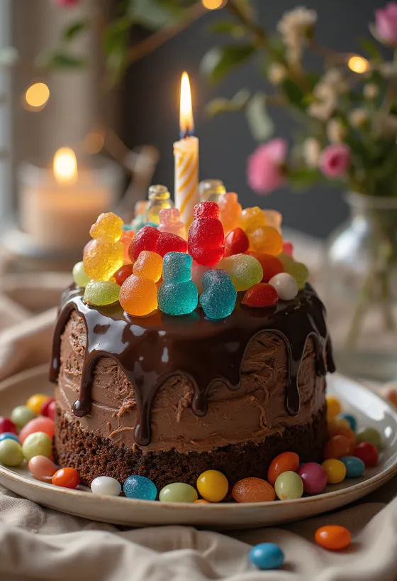 Čokoládová torta s cukríkmi zdobená farebnými cukríkmi a perlami