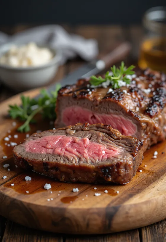 Picanha, grilované plátky brazílskeho hovädzieho s pečenými zemiakmi a omáčkou chimichurri