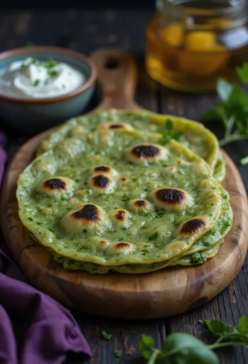 Roti so špenátom, podávané s čerstvým špenátom a chrumkavým roti