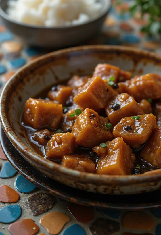 Bravčové Adobo, podávané s ryžou a čerstvým koriandrom