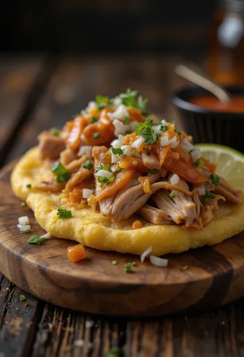 Arepa con Carne de Cerdo servírovaná v kórejskom štýle