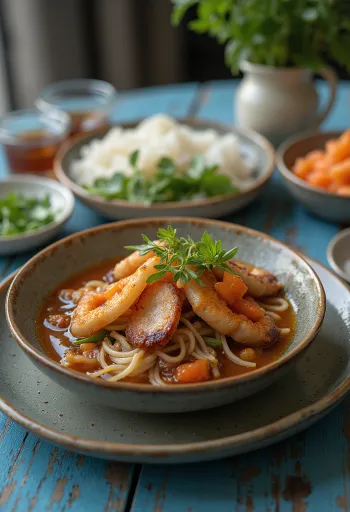 Bun Cha servírované s ryžovými rezancami a čerstvou zeleninou