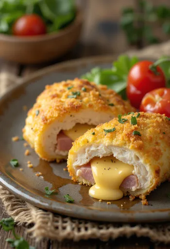 Cordon bleu podávaný s čerstvým šalátom a pečenými zemiakmi