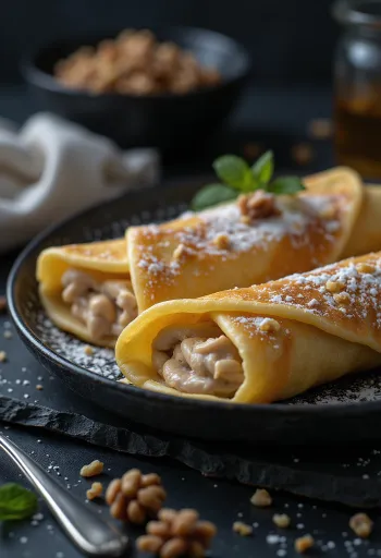 Orechové palacinky podávané s čokoládovou polevou