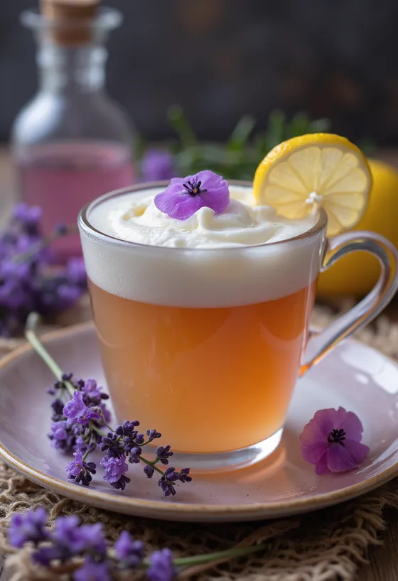 Levanduľový cider servírovaný v pohári