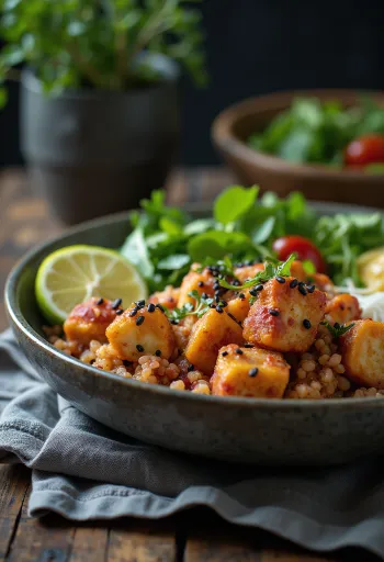 Buddha miska s limetkovým tofu, quinoou a kari-cviklovým tahini