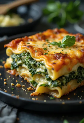Vrstvené špenátové lasagne so zlatistým zapečeným syrom na vrchu