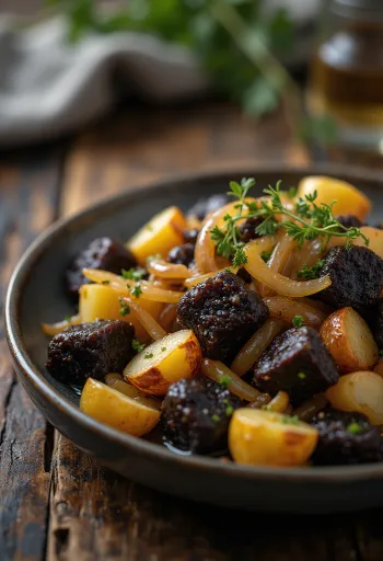 Black pudding na spôsob Sneem, podávaný so zemiakmi a petržlenovou vňaťou