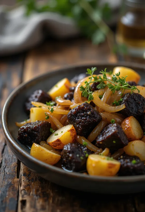 Black pudding na spôsob Sneem, podávaný so zemiakmi a petržlenovou vňaťou