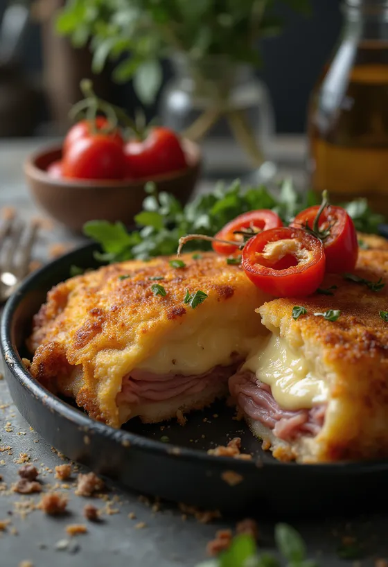 Cachopo servírované s hranolčekmi a citrónom