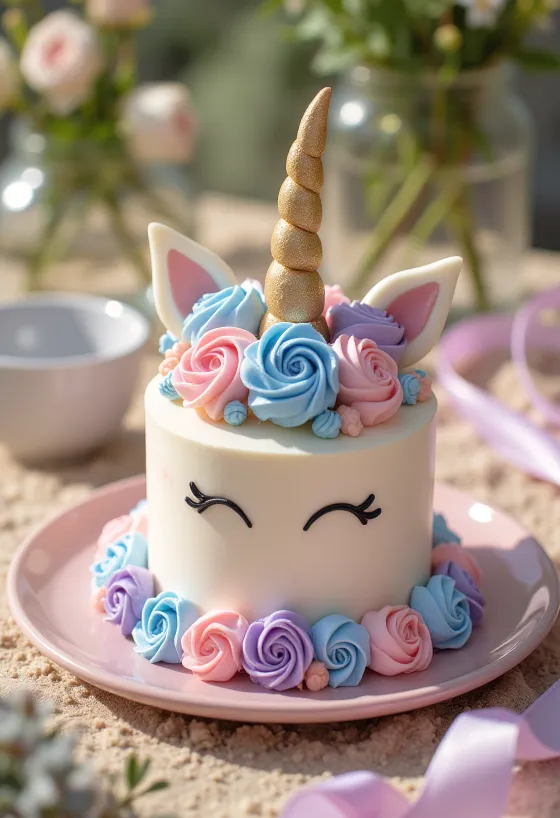 Jednorožcová torta s farebnými tortovými plátmi a fondánovým zdobením