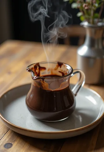 Korenistá čokoládová poleva podávaná so zákuskami