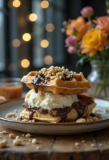 Vafľový zmrzlinový sendvič naservírovaný