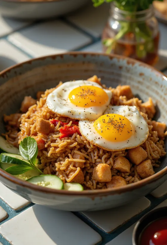 Nasi Goreng s korenistou sójovou omáčkou, podávané s bohatým korením a korenistou sójovou omáčkou