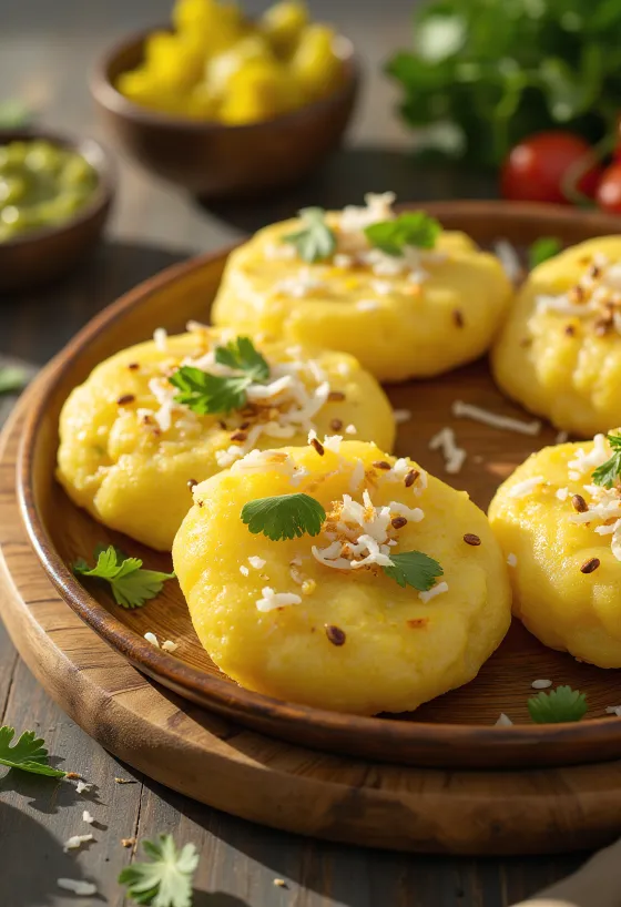 Poha Dhokla, podávaná s čerstvým koriandrom a strúhaným kokosom