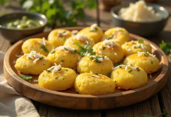 Poha Dhokla, podávaná s čerstvým koriandrom a strúhaným kokosom