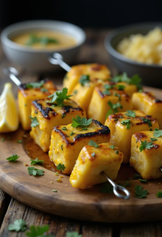 Achari paneer tikka, grilované kúsky paneeru, korenené v jogurtovej marináde, podávané s čerstvým koriandrom a citrónom