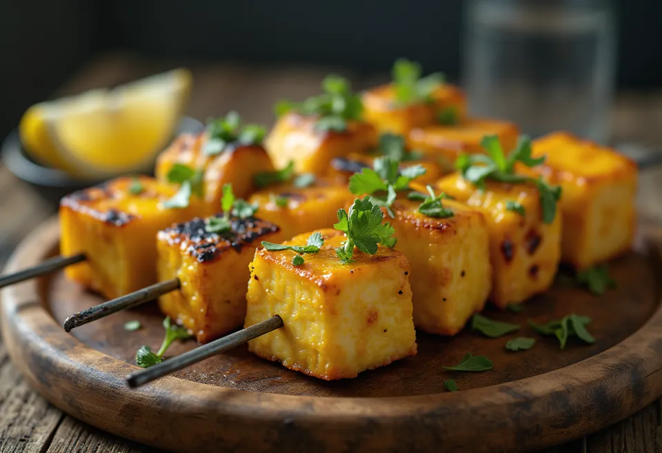 Achari paneer tikka, grilované kúsky paneeru, korenené v jogurtovej marináde, podávané s čerstvým koriandrom a citrónom