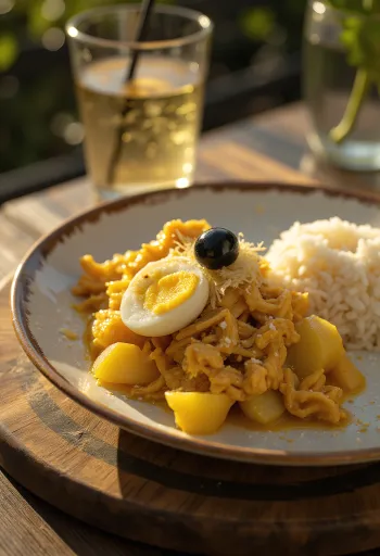 Ají de Gallina podávané s cibuľou, vareným vajcom a mandľovými lupienkami