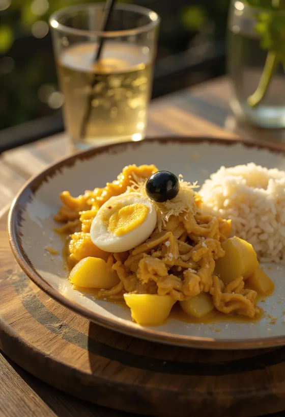 Ají de Gallina podávané s cibuľou, vareným vajcom a mandľovými lupienkami